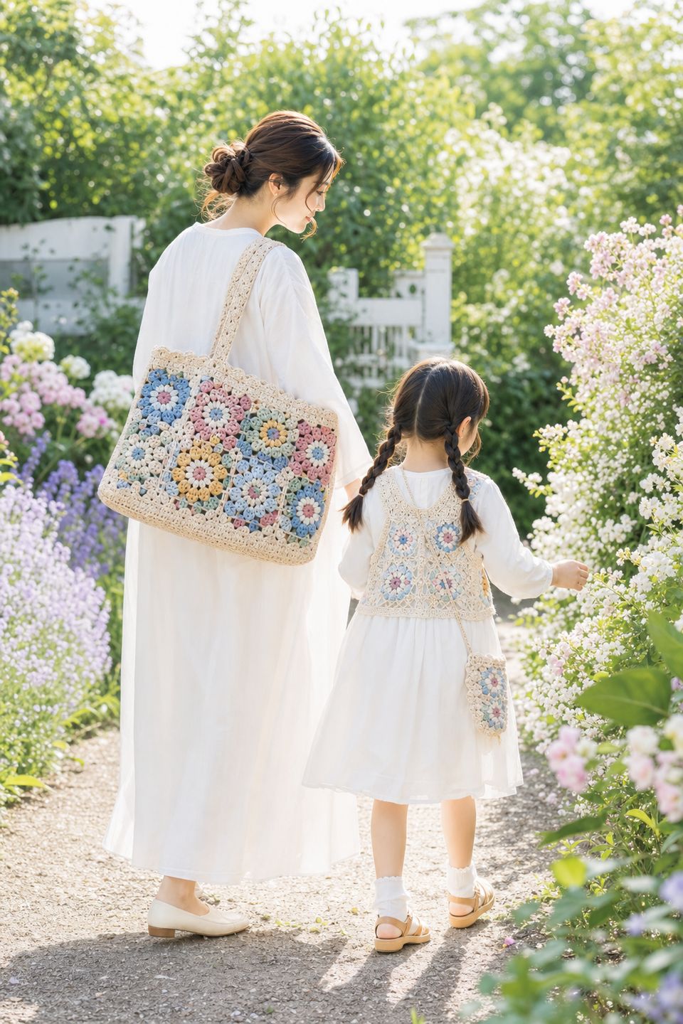 おなじ色の毛糸で編んだ、おかあさんの手提げとあの子のポシェット